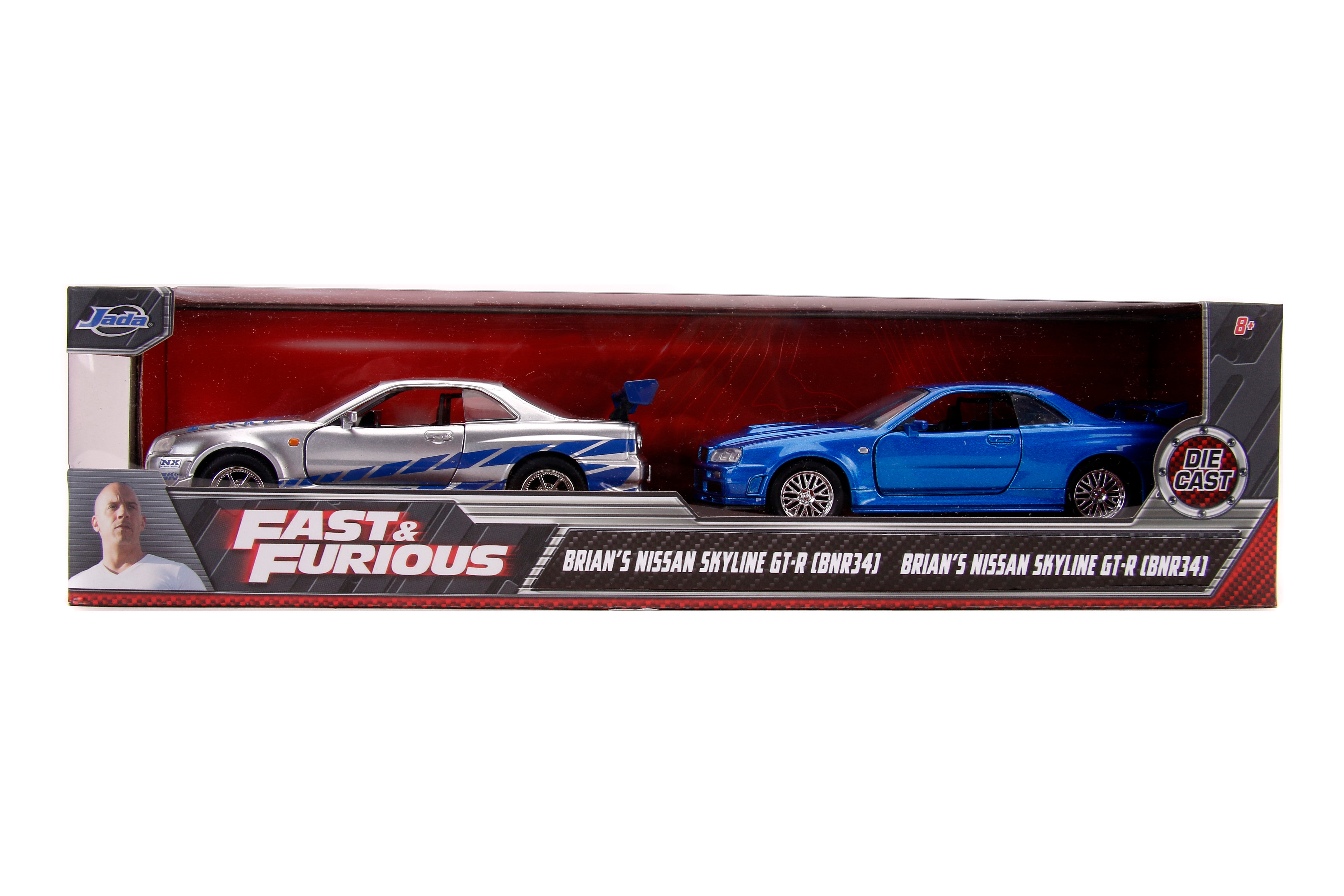 Jada Toys - Fast & Furious Brian's Nissan Skyline GT-R (R34) Twin Pack 1:32 Die-Cast - Silver and Blue