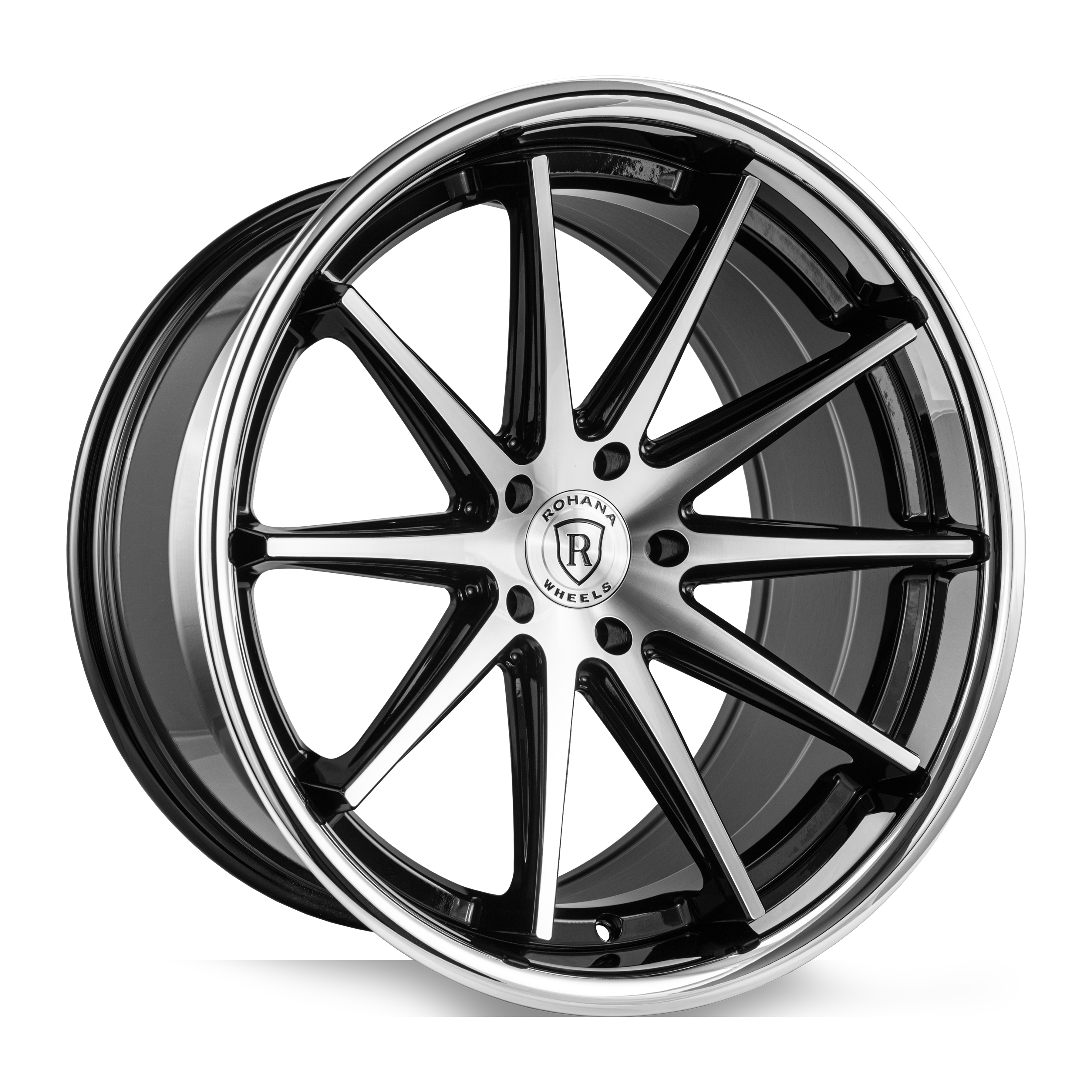 20x9 Rohana RFC10 Gloss Black Machined w/ Chrome Stainless Steel Lip (Flow Formed) 5x4.5/114.3 25mm